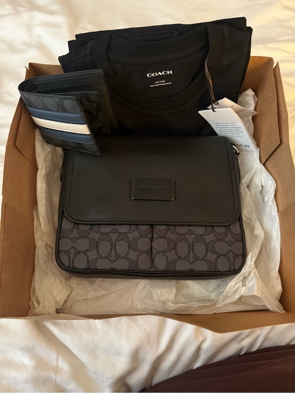 Coach Men's Black leather Messenger Bag with Stripe Wallet, brand new in box